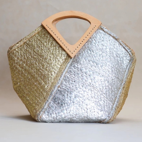 Shiraleah NEW Gold Silver Metallic Demi Jute Mini Top Handle Tote Bag